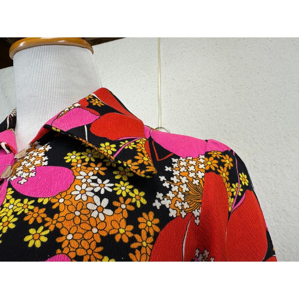 Vintage 60's 70's Mod Floral Shirt Dress Rock Bold Pointed Collar SZ L Retro - Picture 7 of 12